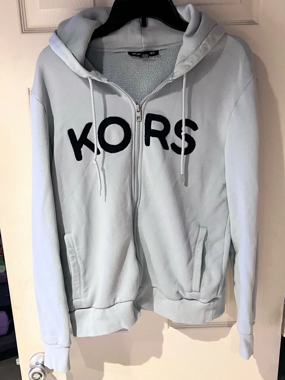 Michael Kors Pale Blue Zip-Front Hoodie with Navy KORS Lettering Size Medium